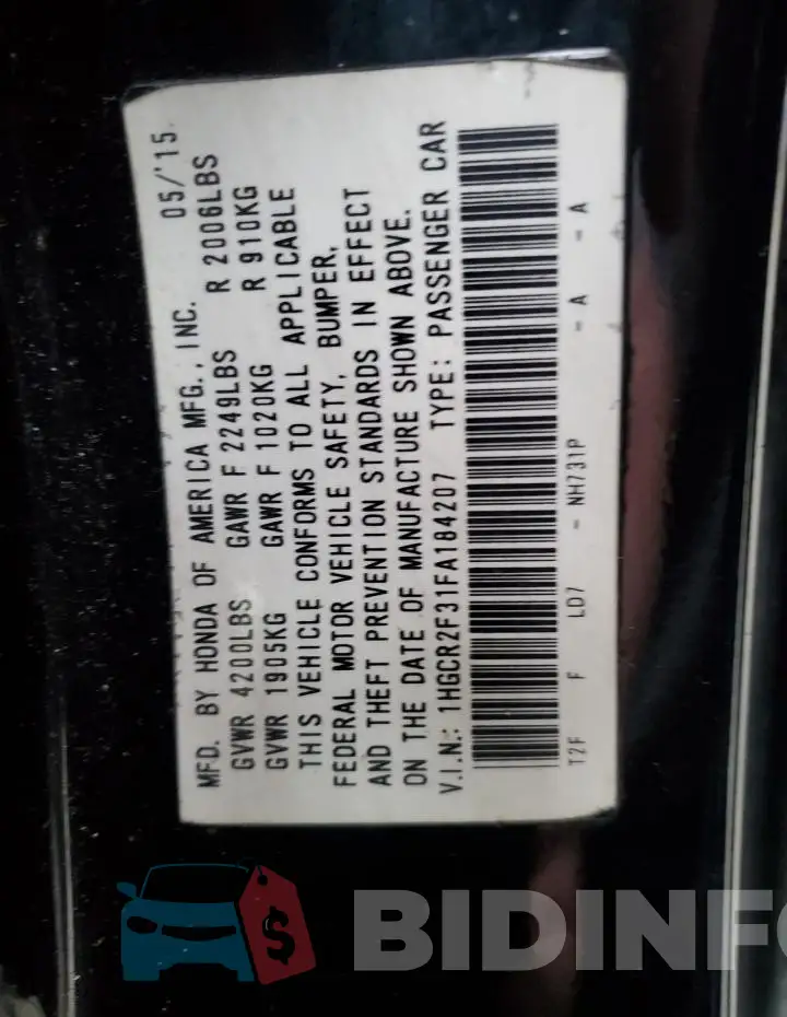 1HGCR2F31FA184207 Photo# 12