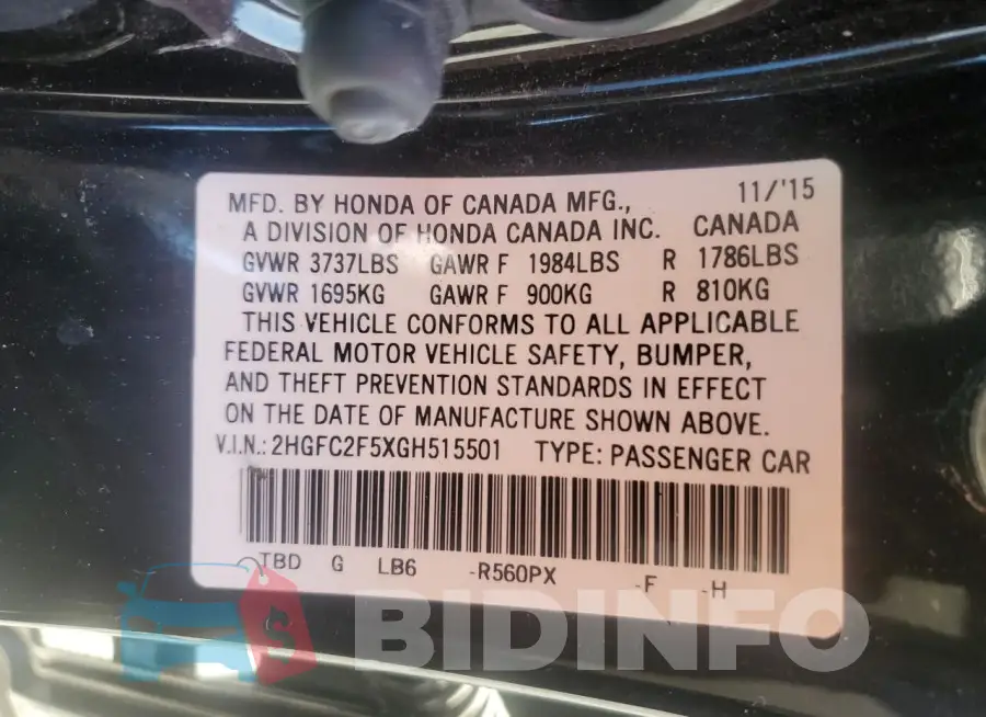 2HGFC2F5XGH515501 Photo# 13