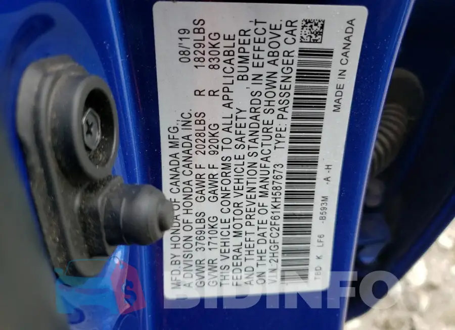 2HGFC2F61KH587673 Photo# 12