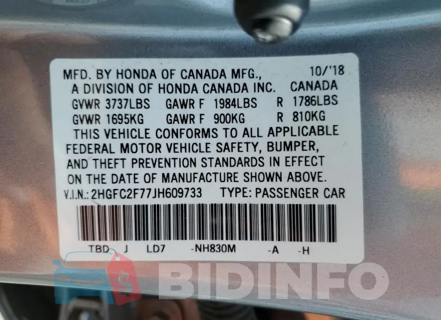 2HGFC2F77JH609733 Photo# 13