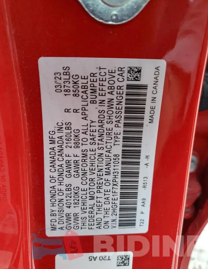 2HGFE1F7XPH311058 Photo# 12