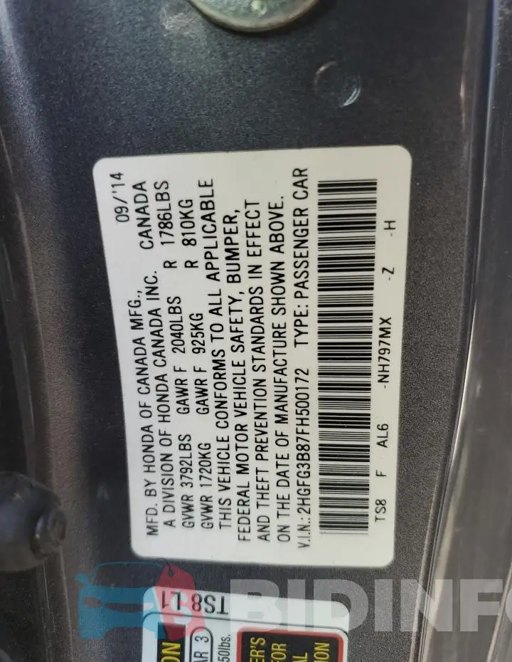 2HGFG3B87FH500172 Photo# 12