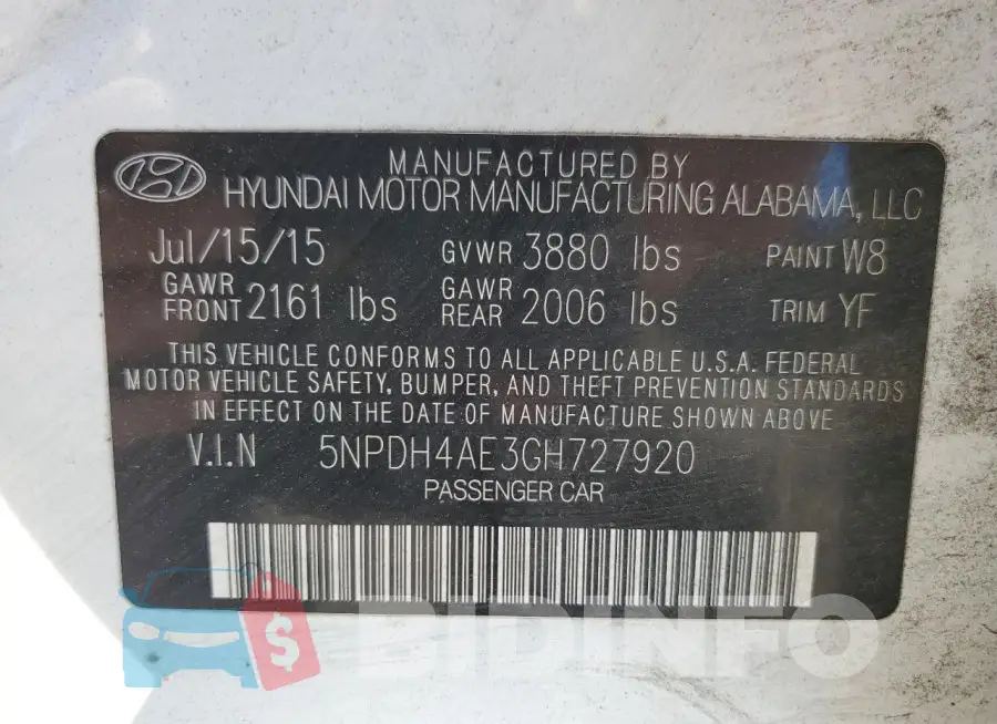 5NPDH4AE3GH727920 Photo# 12