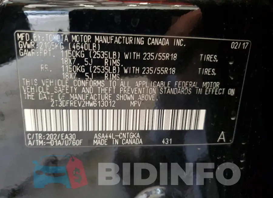 2T3DFREV2HW613012 Photo# 13