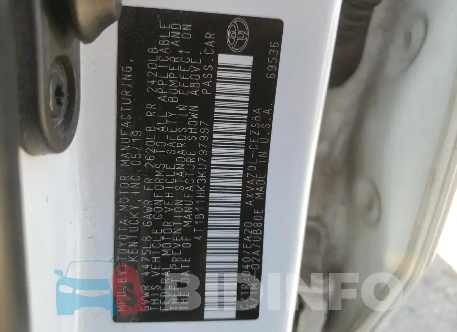 4T1B11HK3KU797997 Photo# 12
