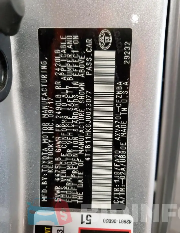 4T1B11HK6JU023077 Photo# 13