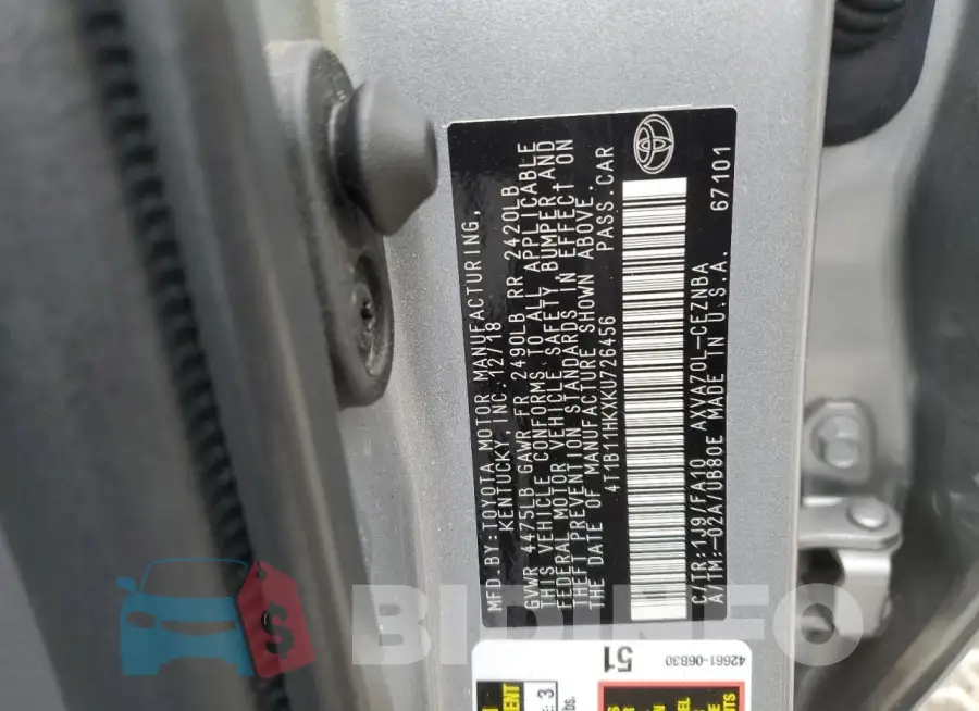 4T1B11HKXKU726456 Photo# 12