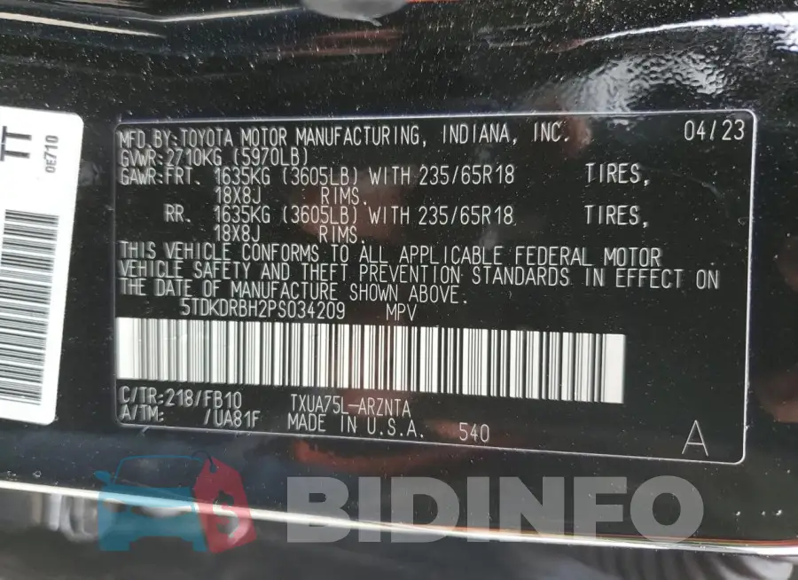 5TDKDRBH2PS034209 Photo# 13