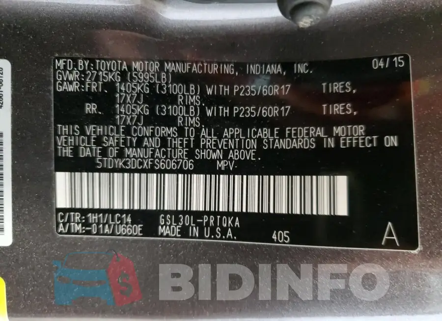5TDYK3DCXFS606706 Photo# 14