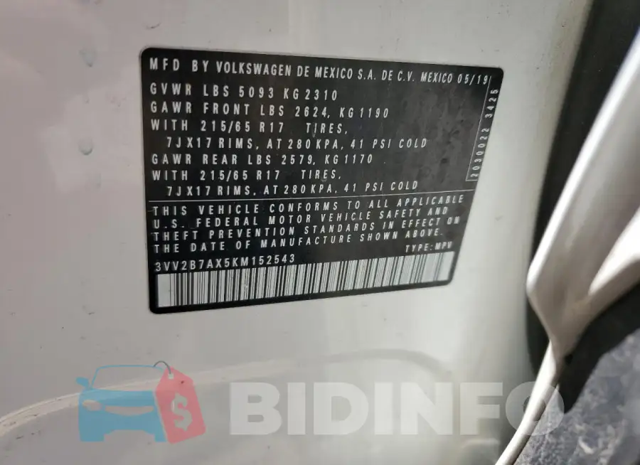 3VV2B7AX5KM152543 Photo# 13