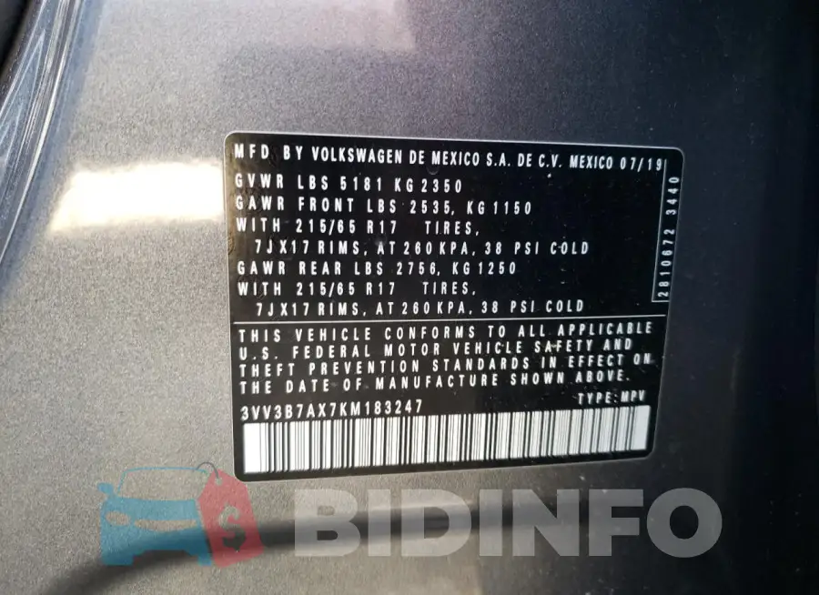 3VV3B7AX7KM183247 Photo# 14