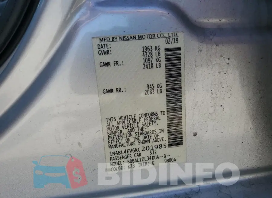 1N4BL4EV6KC201985 Photo# 12