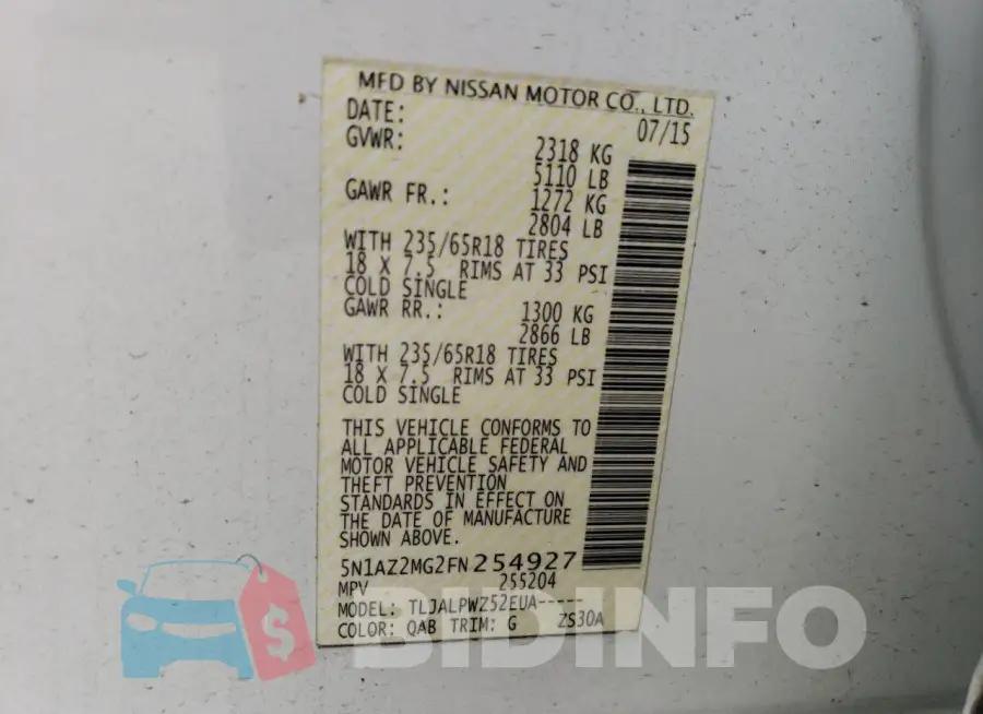 5N1AZ2MG2FN254927 Photo# 13