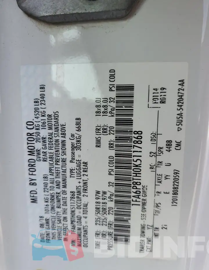 1FA6P8TH0K5117868 Photo# 12