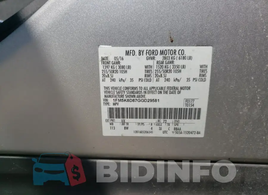 1FM5K8D87GGD29581 Photo# 13