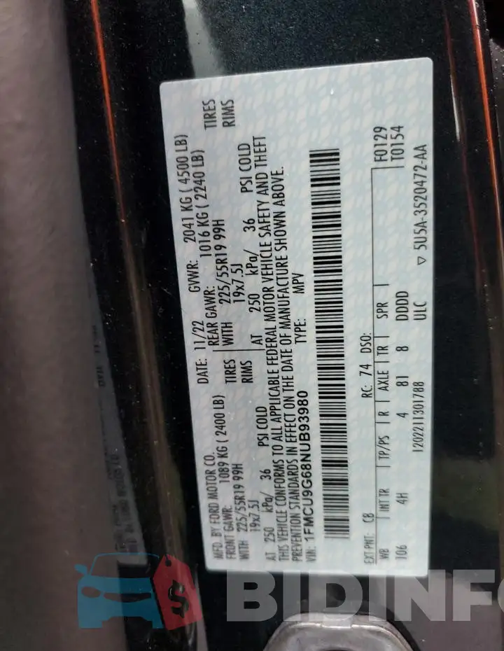 1FMCU9G68NUB93980 Photo# 12