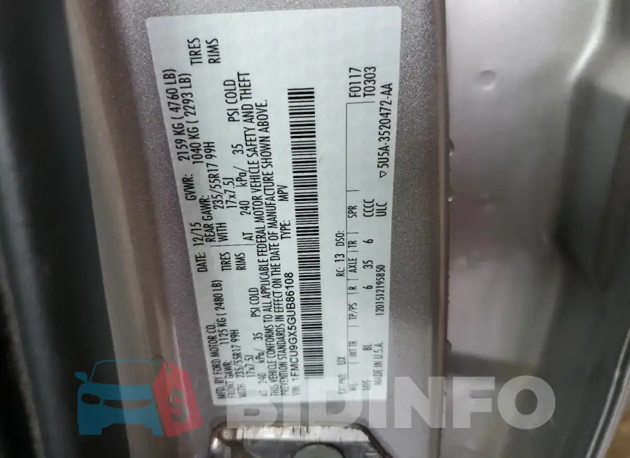 1FMCU9GX5GUB86108 Photo# 14
