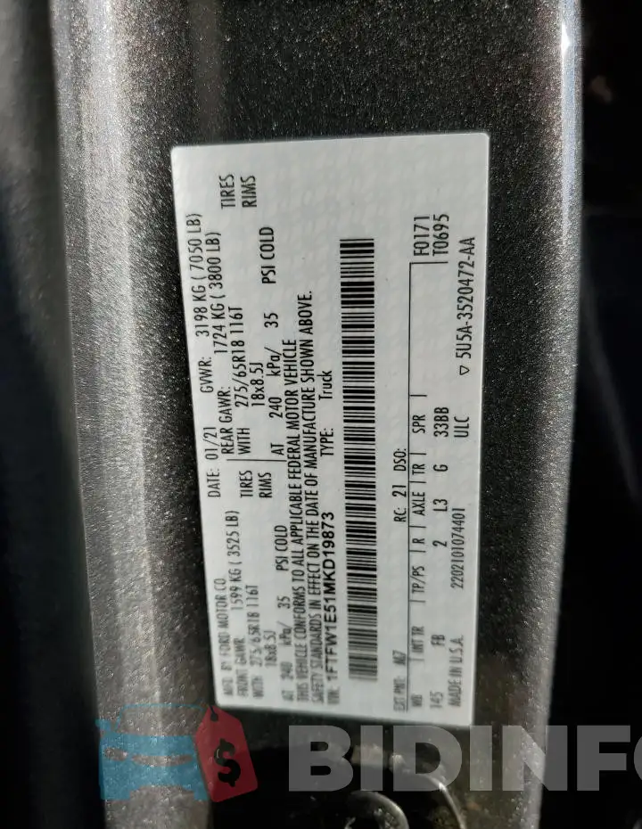 1FTFW1E51MKD19873 Photo# 12