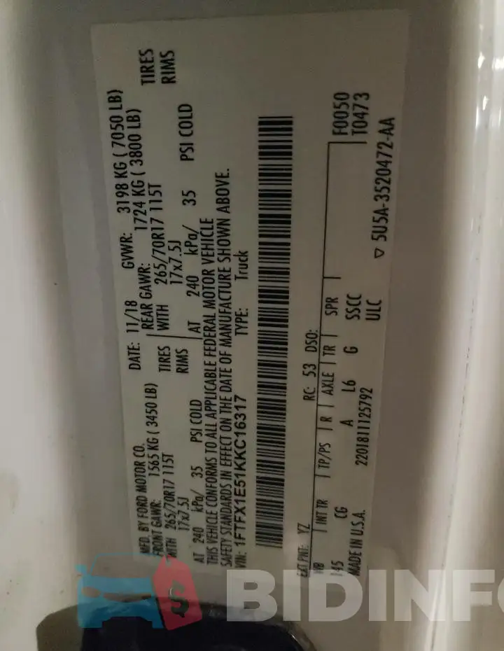 1FTFX1E51KKC16317 Photo# 12