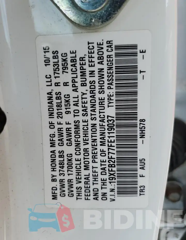 19XFB2F77FE119037 Photo# 13