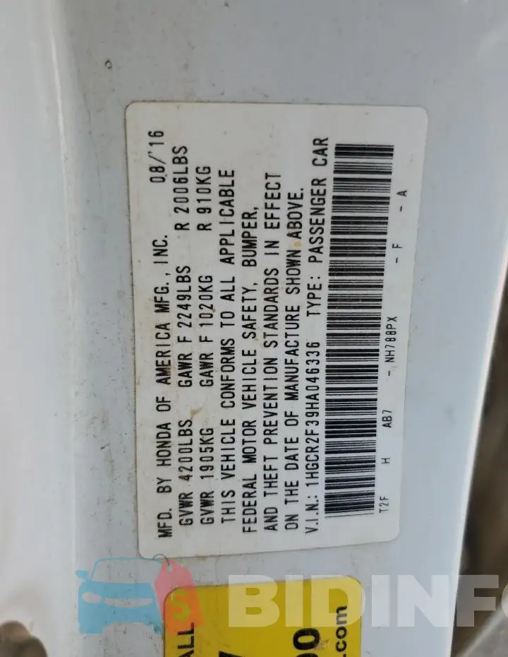 1HGCR2F39HA046336 Photo# 12