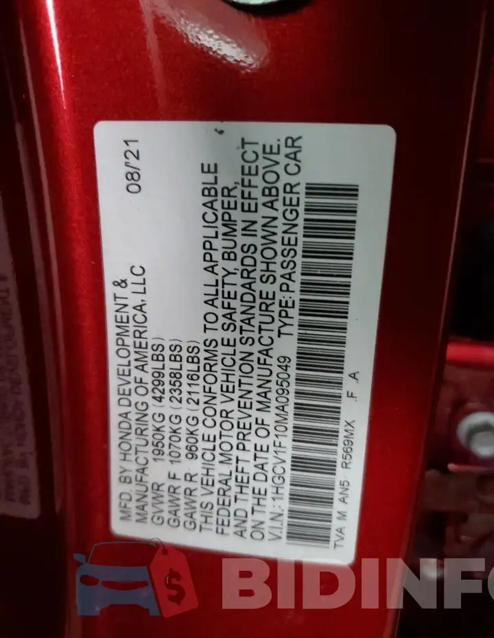 1HGCV1F10MA095049 Photo# 13