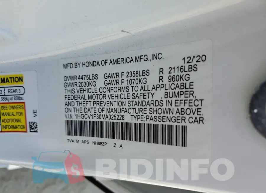 1HGCV1F30MA025228 Photo# 12