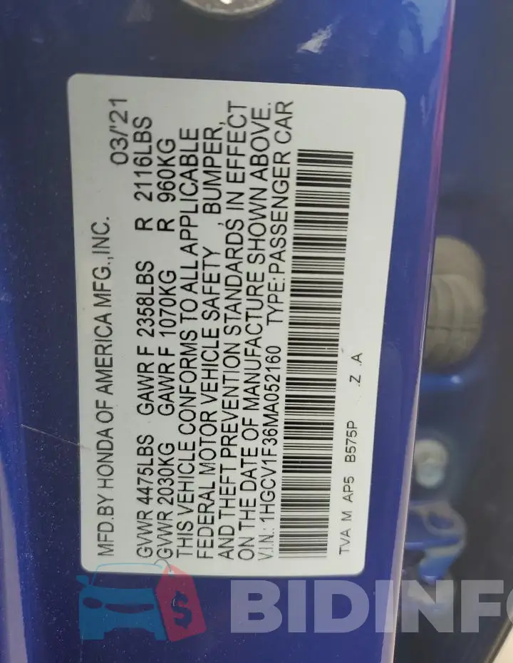 1HGCV1F36MA052160 Photo# 12