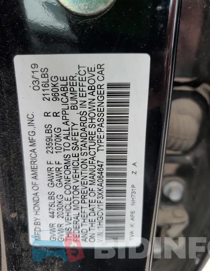 1HGCV1F3XKA064647 Photo# 12