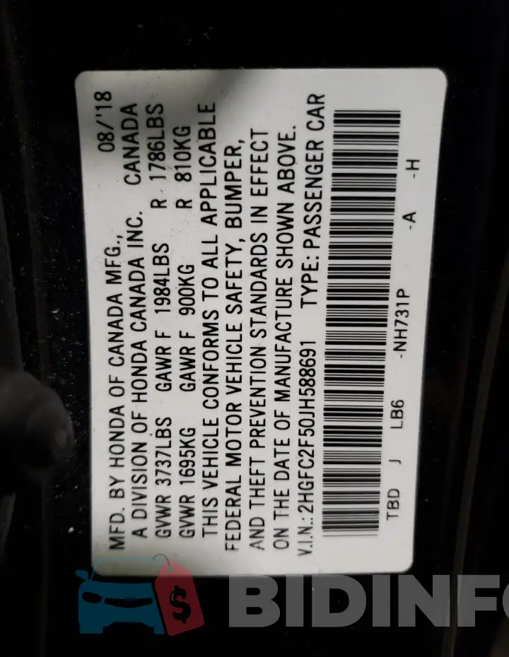 2HGFC2F50JH588691 Photo# 12