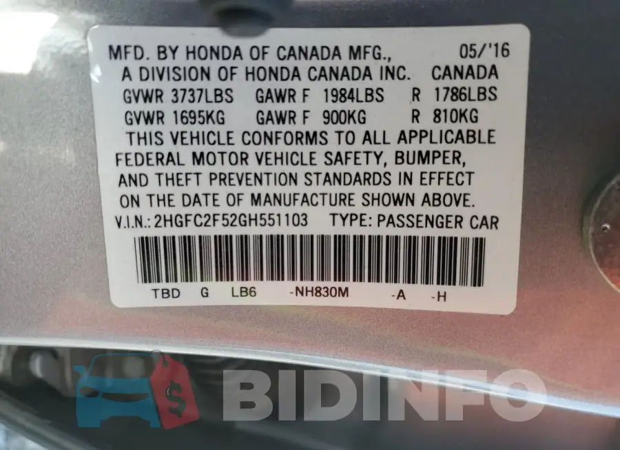 2HGFC2F52GH551103 Photo# 12