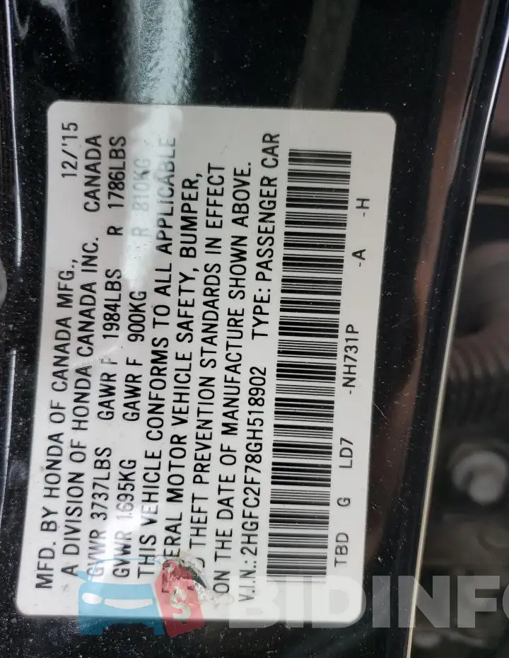 2HGFC2F78GH518902 Photo# 13