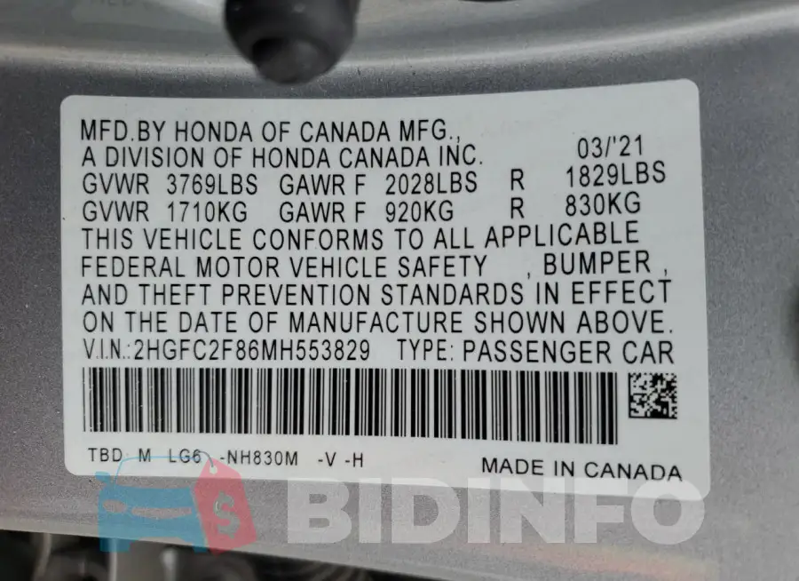 2HGFC2F86MH553829 Photo# 12
