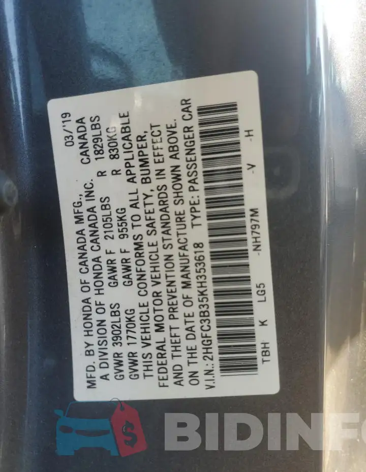 2HGFC3B35KH353618 Photo# 13