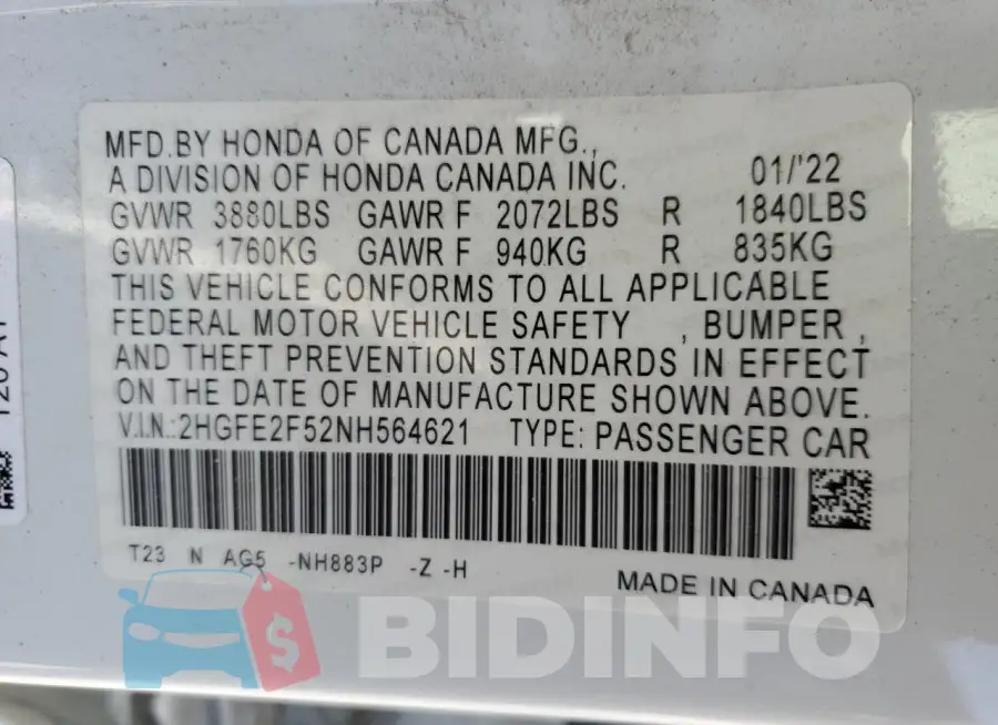 2HGFE2F52NH564621 Photo# 12