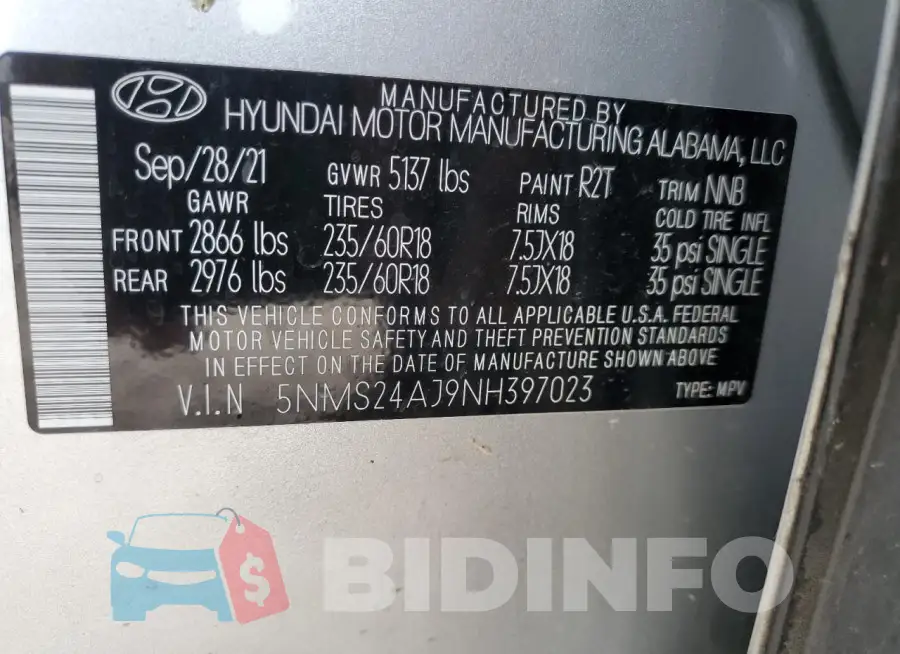 5NMS24AJ9NH397023 Photo# 13