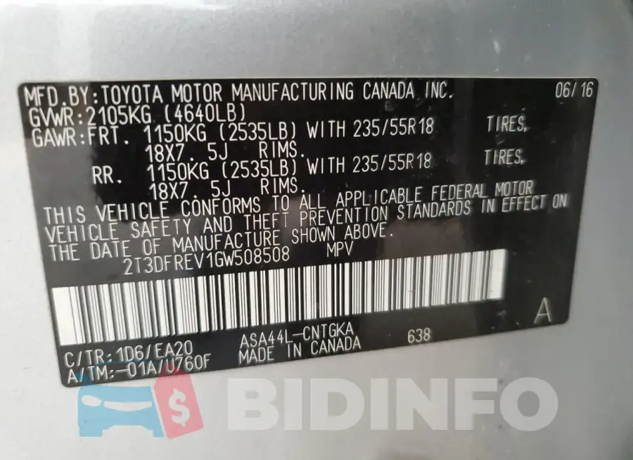 2T3DFREV1GW508508 Photo# 13