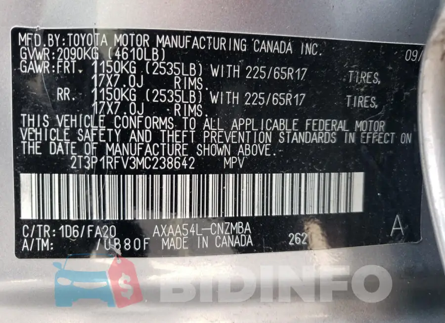 2T3P1RFV3MC238642 Photo# 12