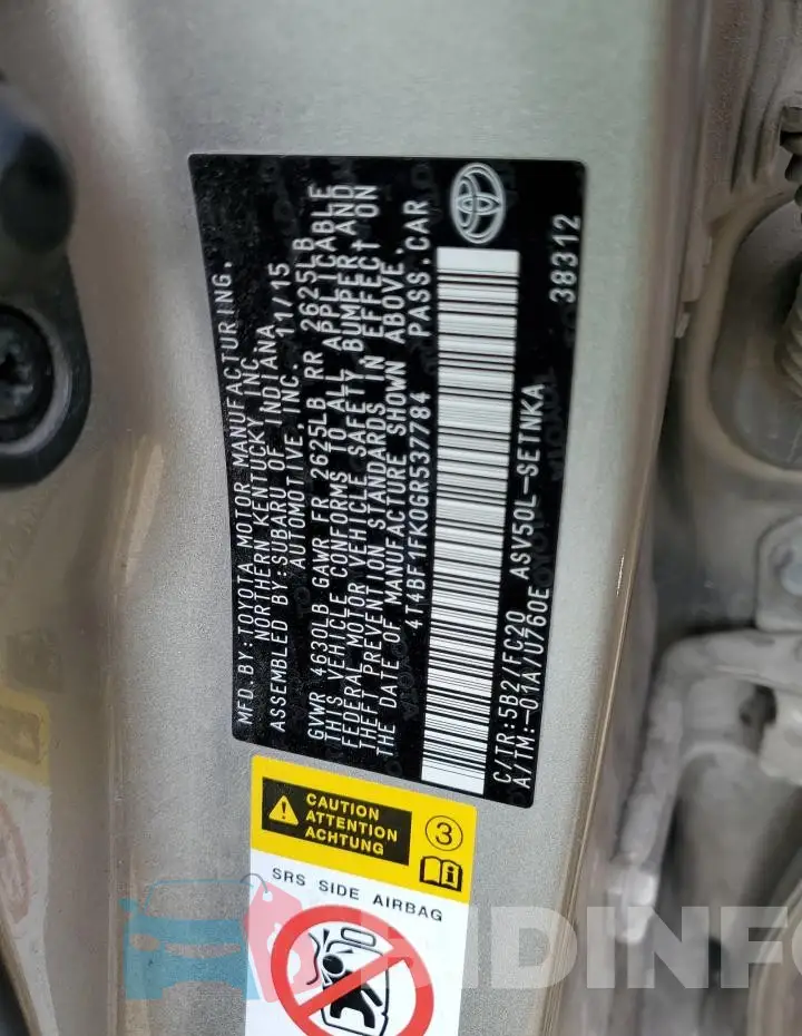 4T4BF1FK0GR537784 Photo# 13