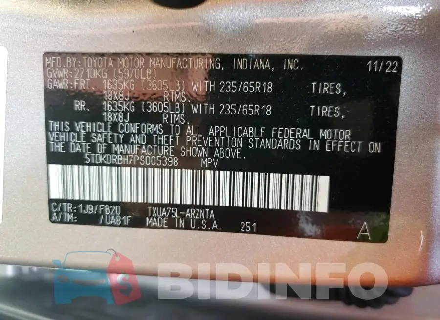 5TDKDRBH7PS005398 Photo# 13