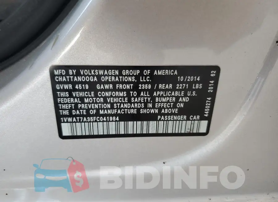 1VWAT7A35FC041984 Photo# 12