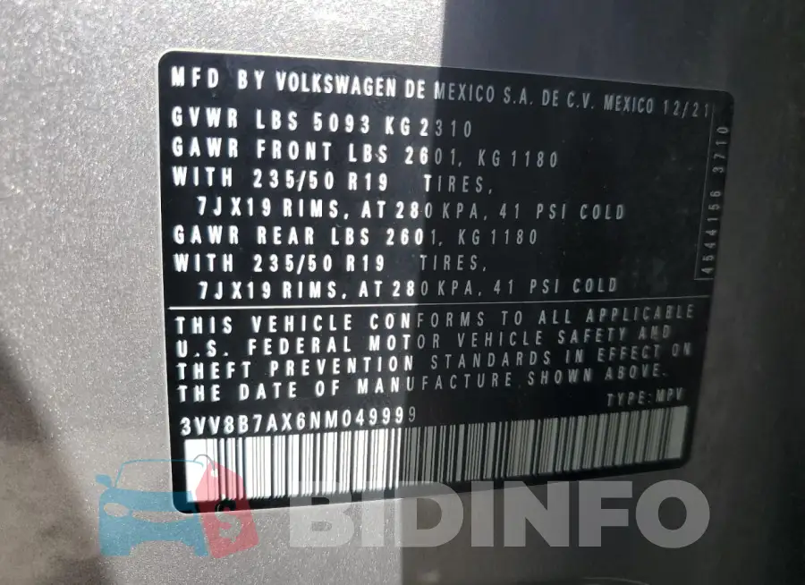 3VV8B7AX6NM049999 Photo# 13