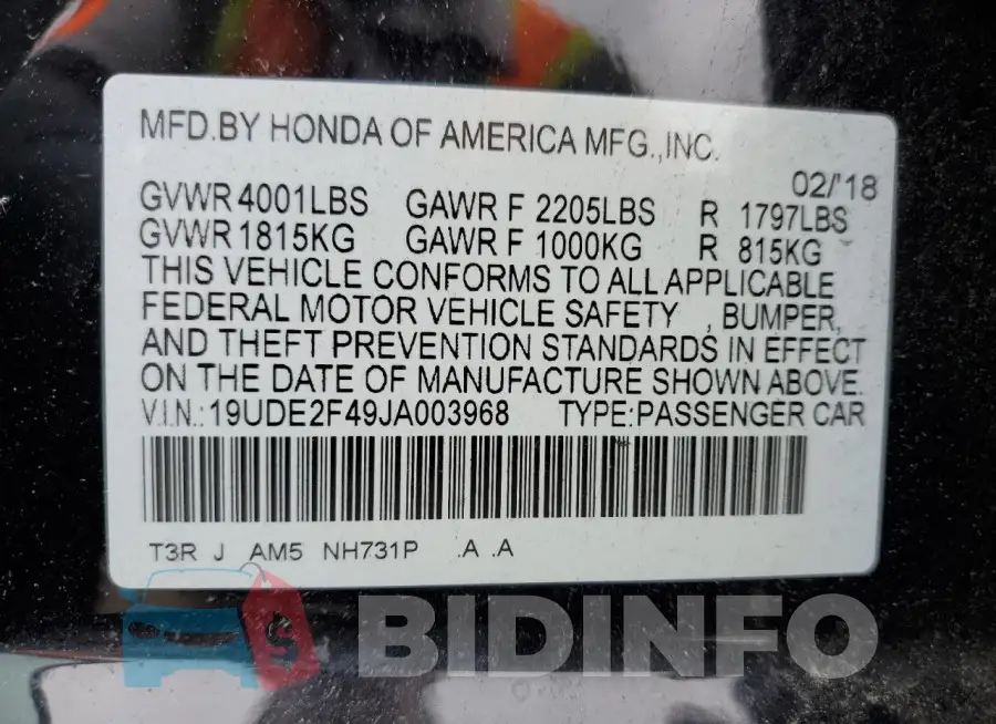 19UDE2F49JA003968 Photo# 13