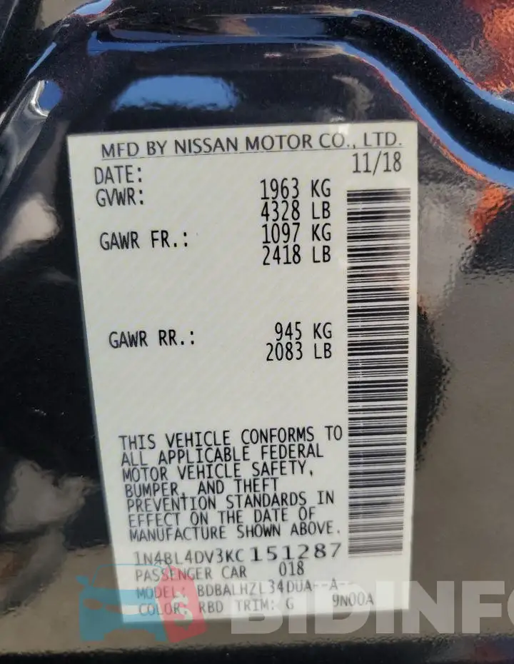 1N4BL4DV3KC151287 Photo# 12