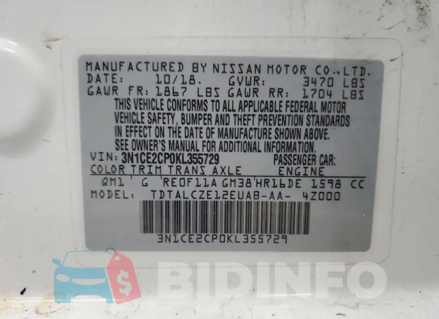 3N1CE2CP0KL355729 Photo# 12