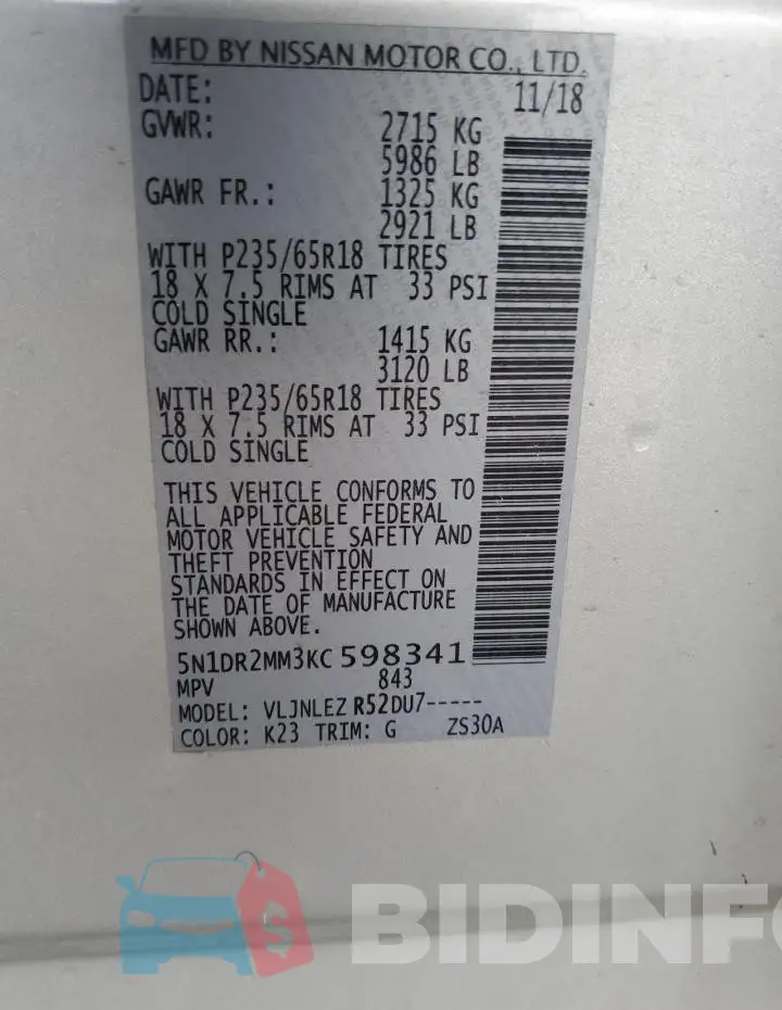 5N1DR2MM3KC598341 Photo# 13