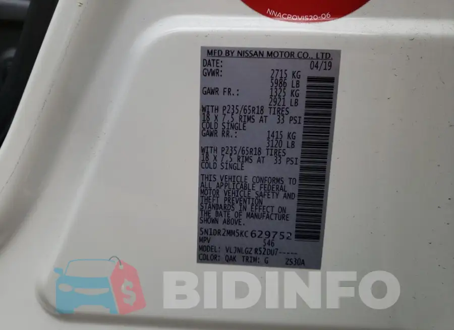5N1DR2MM5KC629752 Photo# 13