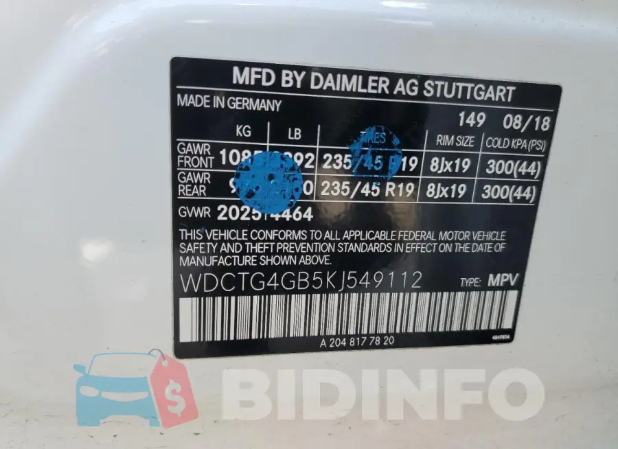 WDCTG4GB5KJ549112 Photo# 12