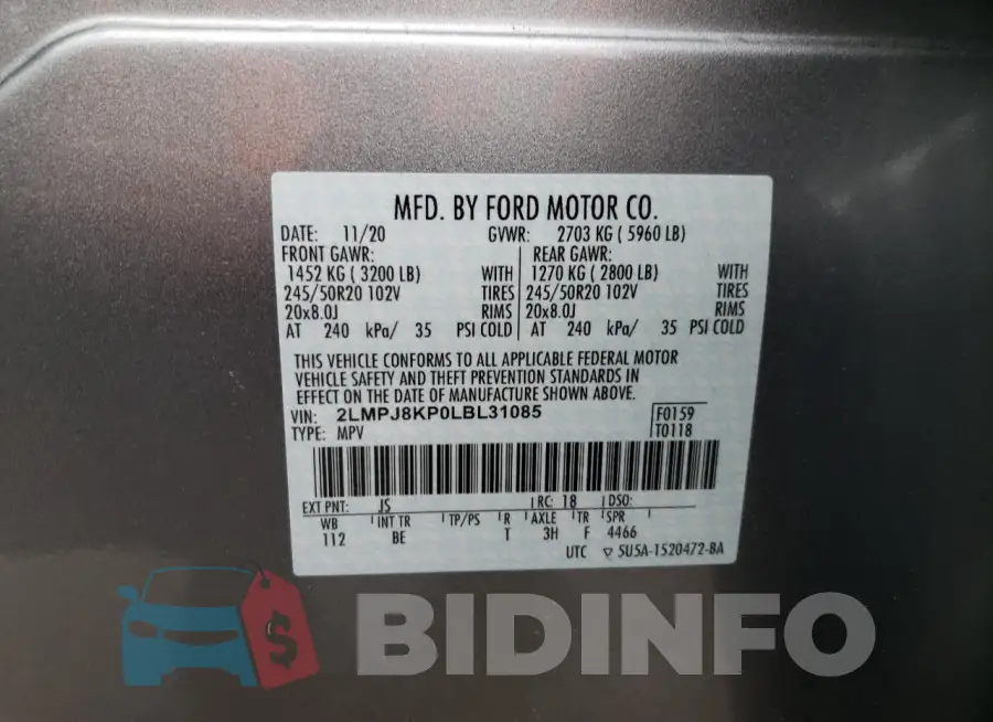 2LMPJ8KP0LBL31085 Photo# 12