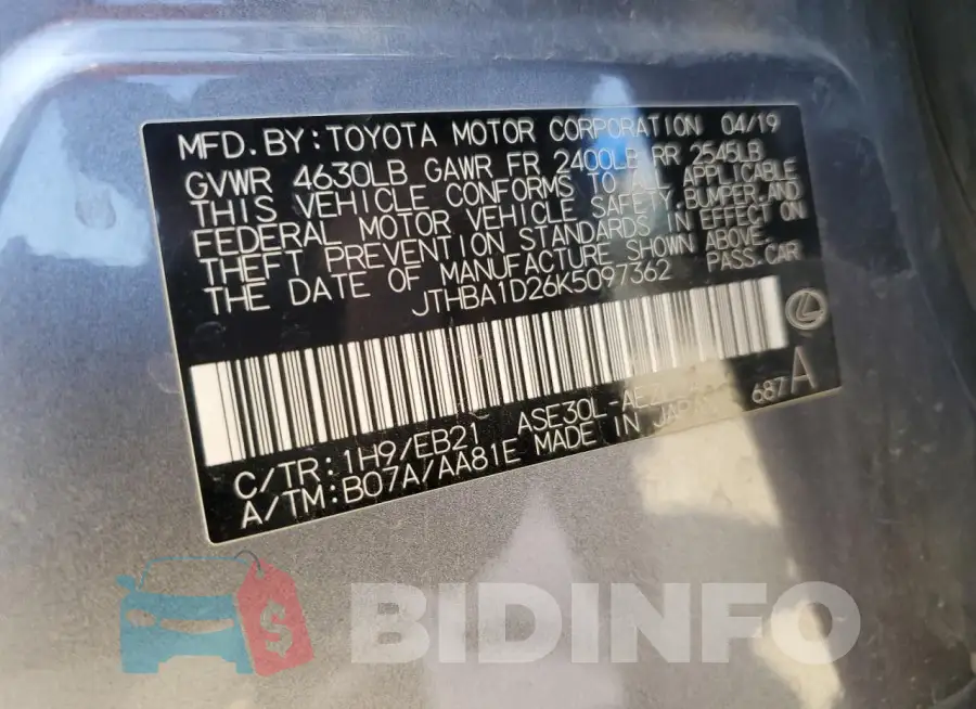 JTHBA1D26K5097362 Photo# 12